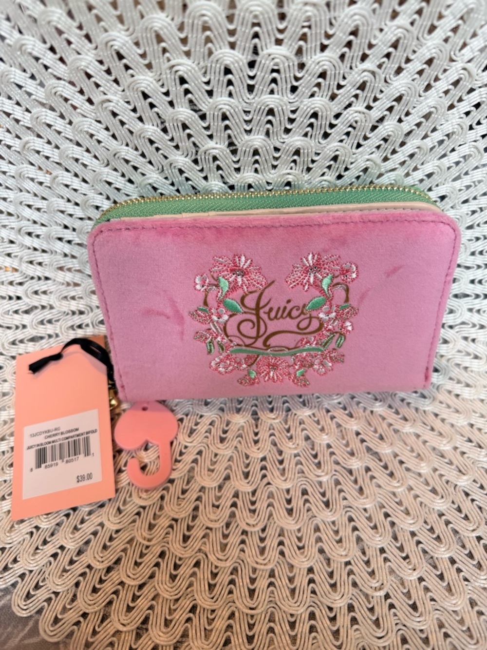 Juicy Couture Pink Velvet Floral Embroidered Bifold Wallet